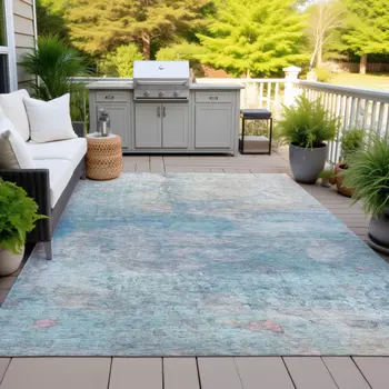 10' X 14' Aqua And Beige Abstract Washable Indoor Outdoor Area Rug