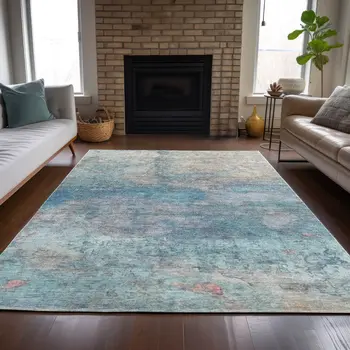 10' X 14' Aqua And Beige Abstract Washable Indoor Outdoor Area Rug
