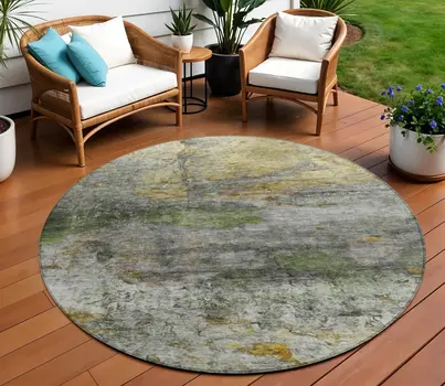 8' Olive Green Gold And Gray Round Abstract Washable Indoor Outdoor Area Rug