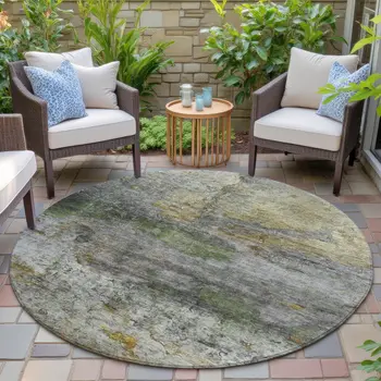 8' Olive Green Gold And Gray Round Abstract Washable Indoor Outdoor Area Rug