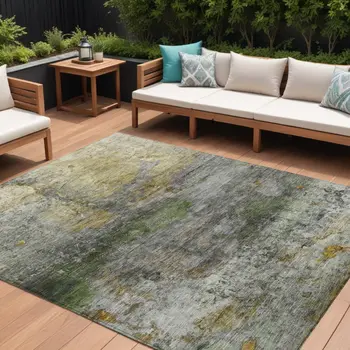 10' X 14' Olive Green Gold And Gray Abstract Washable Indoor Outdoor Area Rug