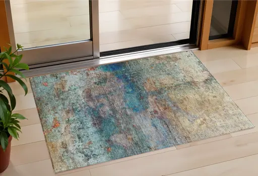 3' X 5' Teal Blue Orange And Beige Abstract Washable Indoor Outdoor Area Rug