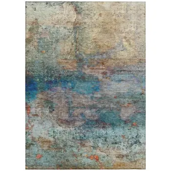 5' X 8' Teal Blue Orange And Beige Abstract Washable Indoor Outdoor Area Rug