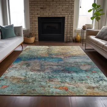 5' X 8' Teal Blue Orange And Beige Abstract Washable Indoor Outdoor Area Rug