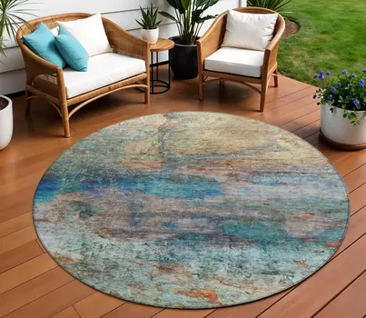 8' Teal Blue Orange And Beige Round Abstract Washable Indoor Outdoor Area Rug