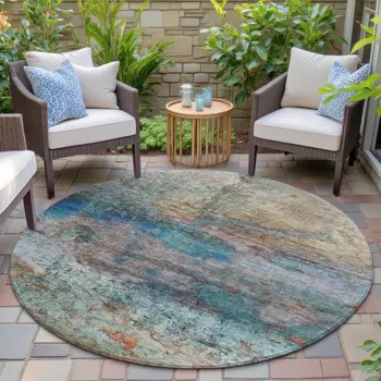 8' Teal Blue Orange And Beige Round Abstract Washable Indoor Outdoor Area Rug