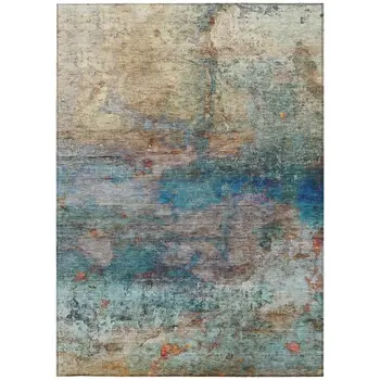 8' X 10' Teal Blue Orange And Beige Abstract Washable Indoor Outdoor Area Rug