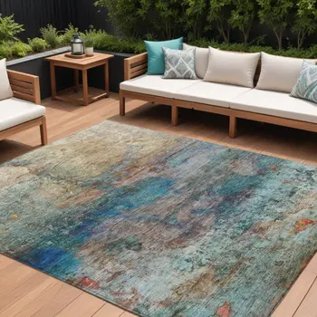 8' X 10' Teal Blue Orange And Beige Abstract Washable Indoor Outdoor Area Rug
