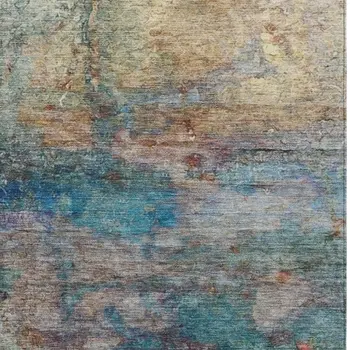 10' X 14' Teal Blue Orange And Beige Abstract Washable Indoor Outdoor Area Rug