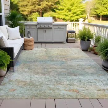 3' X 5' Wheat Sky Blue And Beige Abstract Washable Indoor Outdoor Area Rug