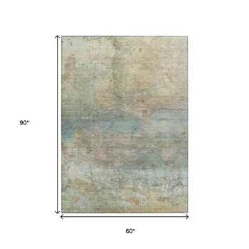 5' X 8' Wheat Sky Blue And Beige Abstract Washable Indoor Outdoor Area Rug