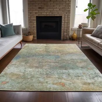 8' X 10' Wheat Sky Blue And Beige Abstract Washable Indoor Outdoor Area Rug