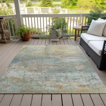 8' X 10' Wheat Sky Blue And Beige Abstract Washable Indoor Outdoor Area Rug