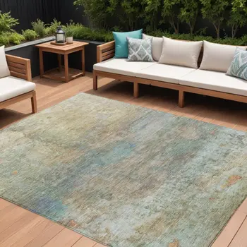 9' X 12' Wheat Sky Blue And Beige Abstract Washable Indoor Outdoor Area Rug
