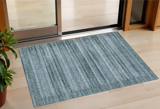 3' X 5' Artichoke Green And Blue Striped Washable Indoor Outdoor Area Rug