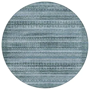 8' Artichoke Green And Blue Round Striped Washable Indoor Outdoor Area Rug