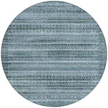 8' Artichoke Green And Blue Round Striped Washable Indoor Outdoor Area Rug