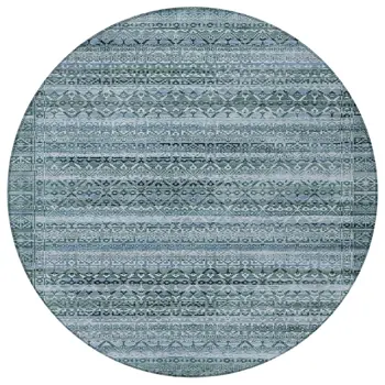 8' Artichoke Green And Blue Round Striped Washable Indoor Outdoor Area Rug