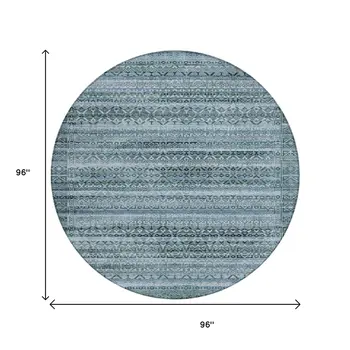 8' Artichoke Green And Blue Round Striped Washable Indoor Outdoor Area Rug