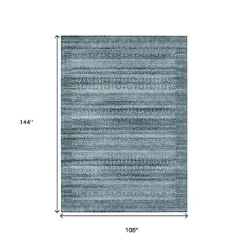 9' X 12' Artichoke Green And Blue Striped Washable Indoor Outdoor Area Rug
