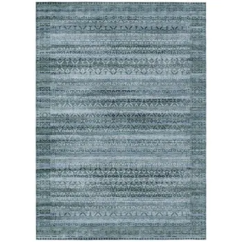 9' X 12' Artichoke Green And Blue Striped Washable Indoor Outdoor Area Rug