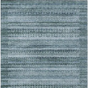 9' X 12' Artichoke Green And Blue Striped Washable Indoor Outdoor Area Rug