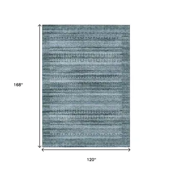 10' X 14' Artichoke Green And Blue Striped Washable Indoor Outdoor Area Rug