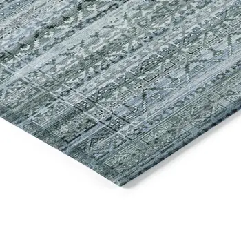 10' X 14' Artichoke Green And Blue Striped Washable Indoor Outdoor Area Rug