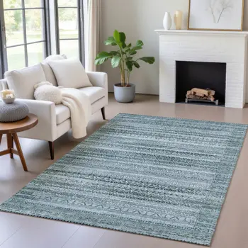 10' X 14' Artichoke Green And Blue Striped Washable Indoor Outdoor Area Rug
