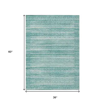 3' X 5' Aqua And Ivory Striped Washable Indoor Outdoor Area Rug
