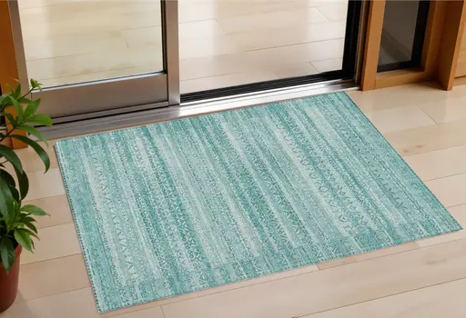 3' X 5' Aqua And Ivory Striped Washable Indoor Outdoor Area Rug