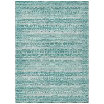 3' X 5' Aqua And Ivory Striped Washable Indoor Outdoor Area Rug