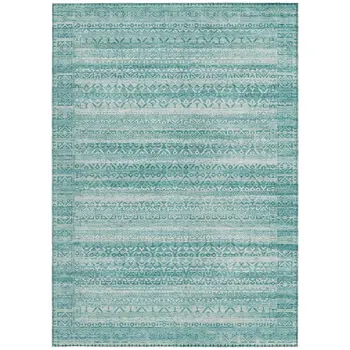 3' X 5' Aqua And Ivory Striped Washable Indoor Outdoor Area Rug