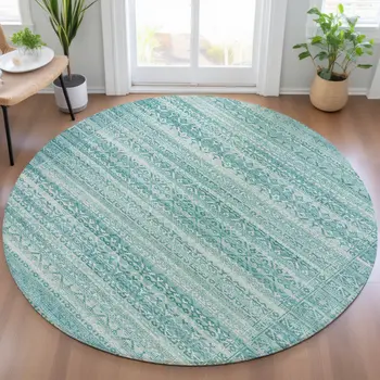 8' Aqua And Ivory Round Striped Washable Indoor Outdoor Area Rug