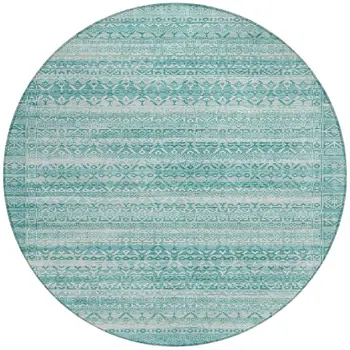 8' Aqua And Ivory Round Striped Washable Indoor Outdoor Area Rug