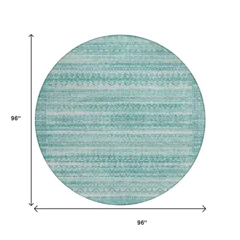 8' Aqua And Ivory Round Striped Washable Indoor Outdoor Area Rug