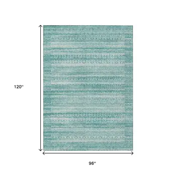 8' X 10' Aqua And Ivory Striped Washable Indoor Outdoor Area Rug