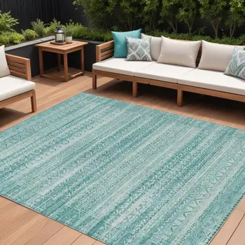 8' X 10' Aqua And Ivory Striped Washable Indoor Outdoor Area Rug
