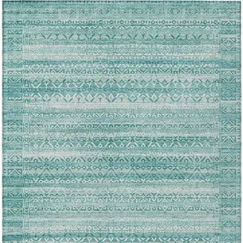 9' X 12' Aqua And Ivory Striped Washable Indoor Outdoor Area Rug