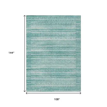 9' X 12' Aqua And Ivory Striped Washable Indoor Outdoor Area Rug