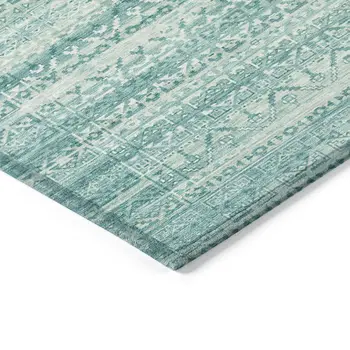 10' X 14' Aqua And Ivory Striped Washable Indoor Outdoor Area Rug