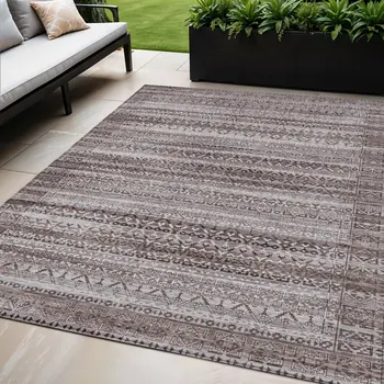 5' X 8' Brown And Beige Striped Washable Indoor Outdoor Area Rug