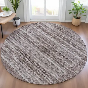 8' Brown And Beige Round Striped Washable Indoor Outdoor Area Rug