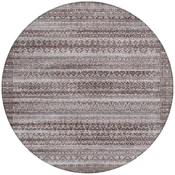 8' Brown And Beige Round Striped Washable Indoor Outdoor Area Rug