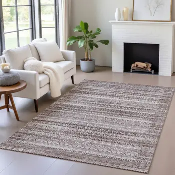 8' X 10' Brown And Beige Striped Washable Indoor Outdoor Area Rug