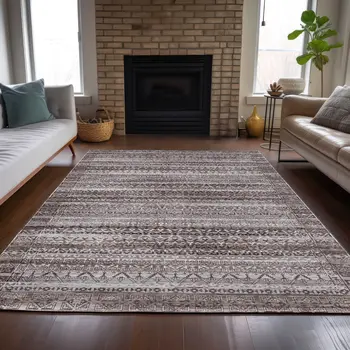 8' X 10' Brown And Beige Striped Washable Indoor Outdoor Area Rug
