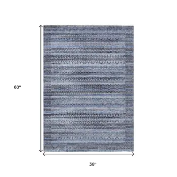 3' X 5' Blue And Charcoal Striped Washable Indoor Outdoor Area Rug
