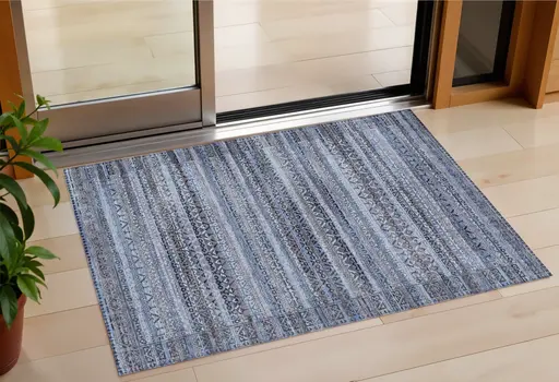 3' X 5' Blue And Charcoal Striped Washable Indoor Outdoor Area Rug