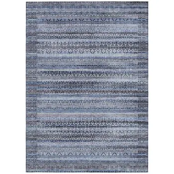3' X 5' Blue And Charcoal Striped Washable Indoor Outdoor Area Rug