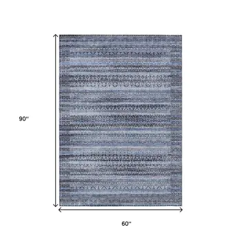 5' X 8' Blue And Charcoal Striped Washable Indoor Outdoor Area Rug